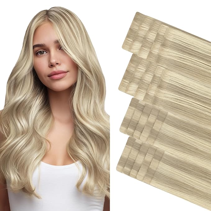 GOO GOO Invisi Edge Tape in Hair Extensions Human Hair, 17A/60A Ash Blonde Highlighted Platinum Blonde 10pcs injected with 10pcs classical tape ins, 14inch 50g, Virgin Remy Hair, Natural Look