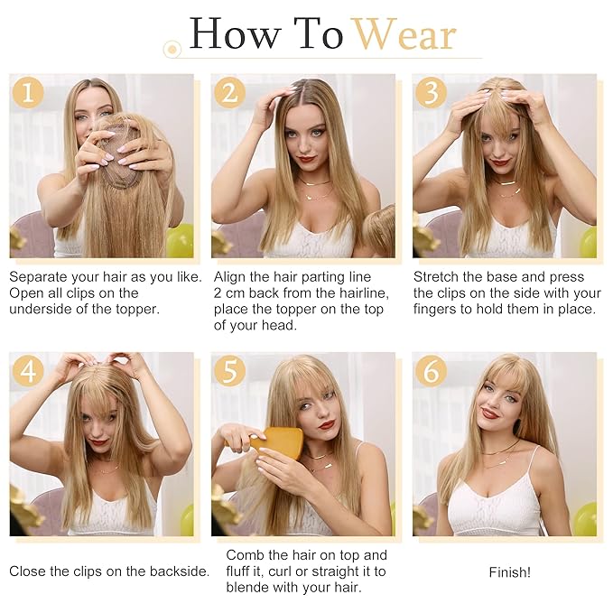 SEGO Hair Toppers for Women Real Human Hair With Bangs, 7 * 13CM Silk Base 100% Remy Human Hair Clip in Top Wiglet Hairpieces Add Volume -12 Inch Medium Brown&Dark Blonde
