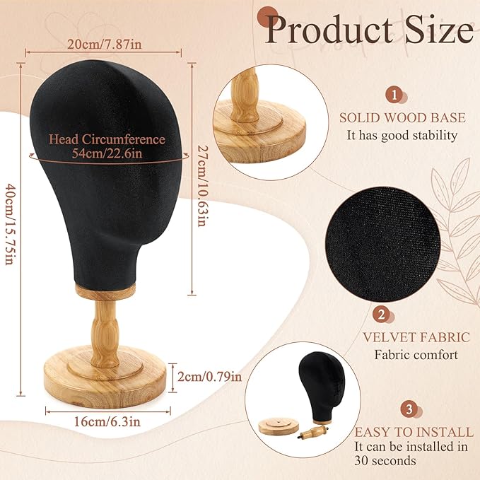 2 Pcs Wig Stand with Head 23 Inch Linen Mannequin Head with Wooden Stand Canvas Mannequin for Hats Wigs Caps Headdress Home Store Hair Salon(Black)