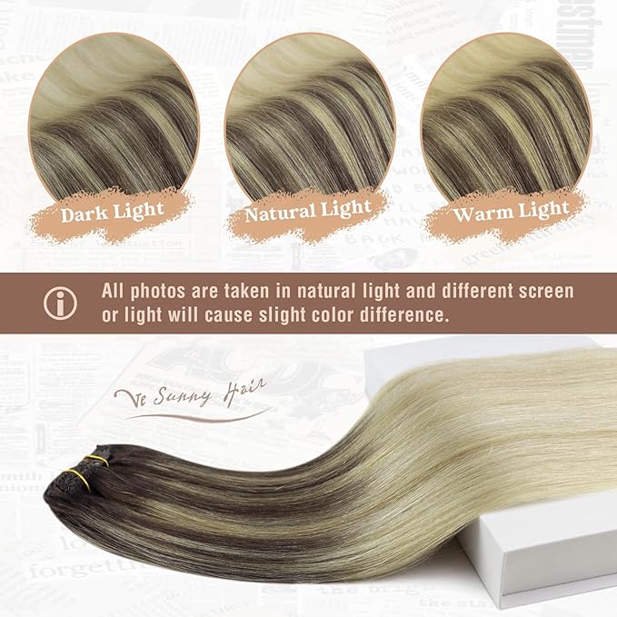 Ve Sunny Clip in Hair Extensions, Human Hair Clip in Extensions, Clip on Hair Extensions for Women, Dark Brown Ombre Golden Blonde Mix Platinum Blonde Straight Hair Extensions 7pcs 24inch 120g
