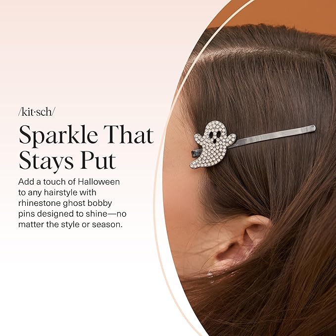 Kitsch Extra Long Metal Rhinestone Bobby Pins – Ghost Design Sparkly Hair Pins – Halloween Hair Accessories – Secure Hold Bobby Pins for Women, Festive Styling | Ideal Gifts for Women - 4pc Set