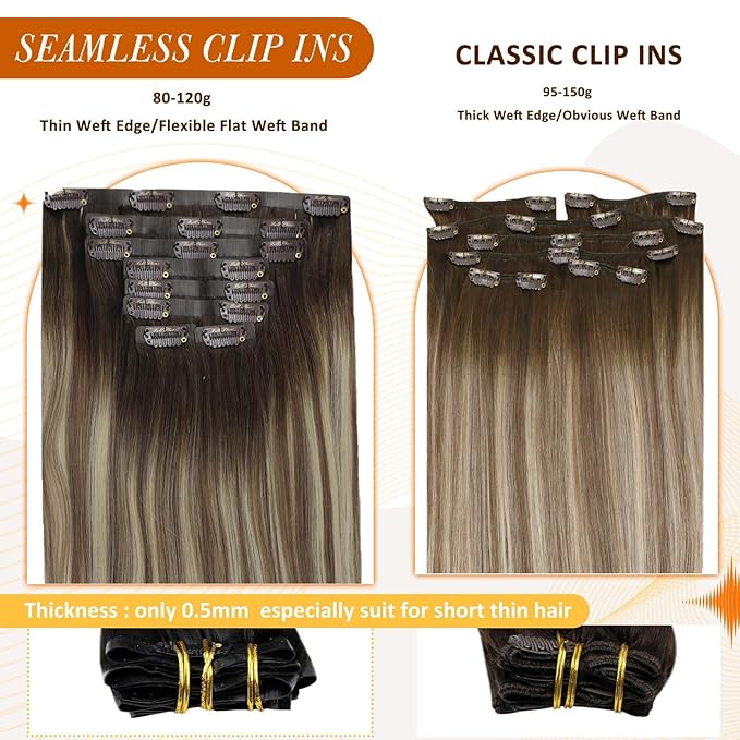 Full Shine Seamless Clip in Hair Extensions Remy Human Hair 16 Inch 120G 8 Pcs Balayage Brown Ombre to Light Brown Mix Blonde Human Hair Clip in Extensions for Women