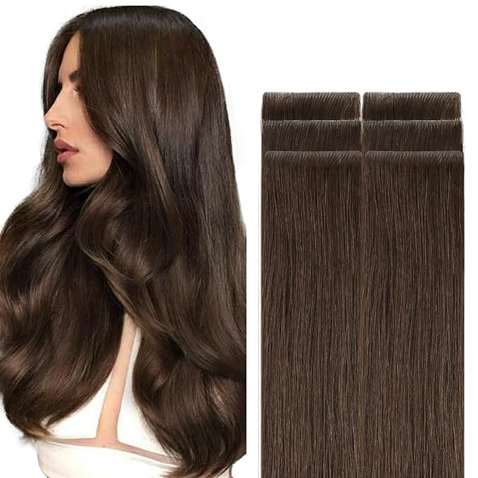 GOO GOO Invisi Edge Tape in Hair Extensions Human Hair, 4A Chocolate Brown, 6pcs 12inch 15g, Virgin Remy Hair, Seamless Injected Tape, Natural Look