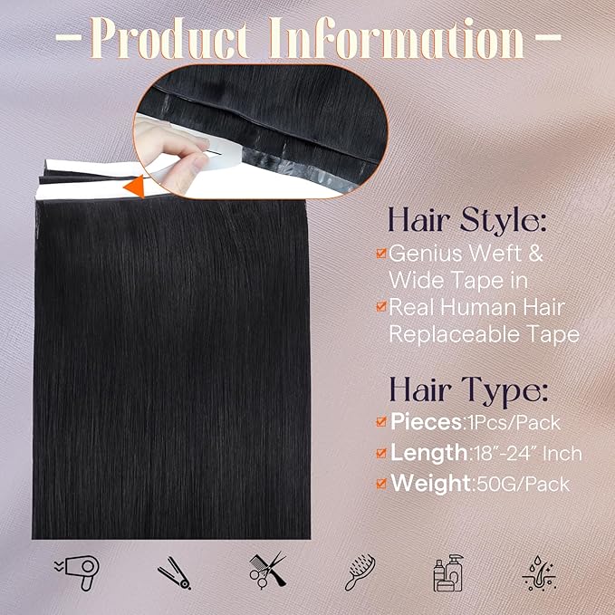 Full Shine Tape in Weft Hair Extensions Human Hair 18 Inch Color 1 Jet Black Long Genius Weft Double Sided Tape in Extensions 50G One Piece Seamless Hair Extensions Silky Straight Daily Wear