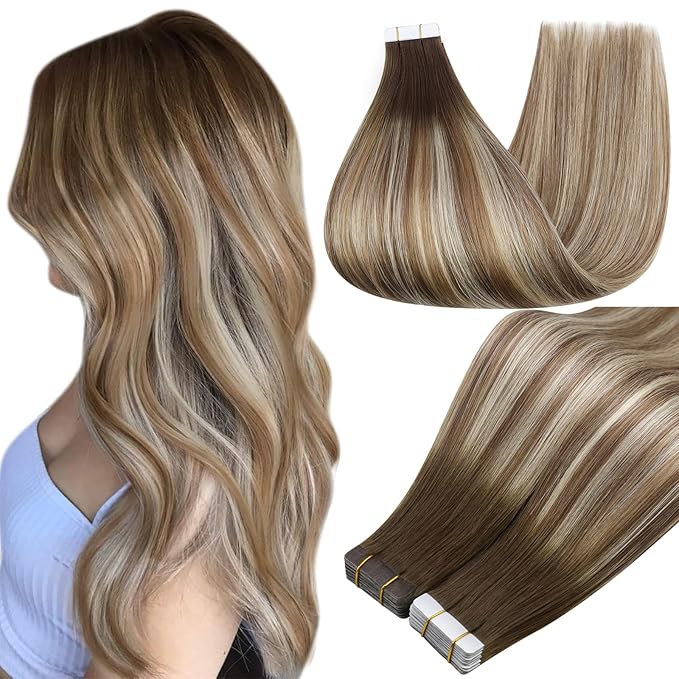 Full Shine Ombre Balayage Tape in Hair Extensions Human Hair Color 3/8/22 Tape in Human Hair 22Inch Adhesive Double Sided Skin Weft Seamless Invisible Extension 100G 40Pcs for Daily Office Look