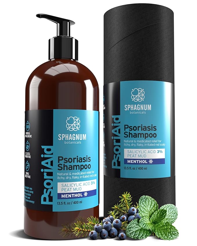 Sphagnum Botanicals Psoriasis Shampoo with Salicylic Acid - Natural Scalp Treatment for Dry, Itchy, Flaky Scalp with Menthol & Peat Mud – Sulfate-Free, Gentle Formula – 13.5 fl oz