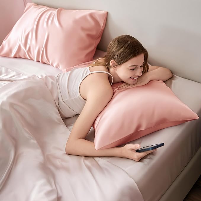 Bedsure King Size Satin Pillowcase Set of 2 - Peach Pink Silky Pillow Cases for Hair and Skin with Envelope Closure, Similar to Silk Pillow Cases, Gifts for Women Men, 20x36 Inches, 2pcs