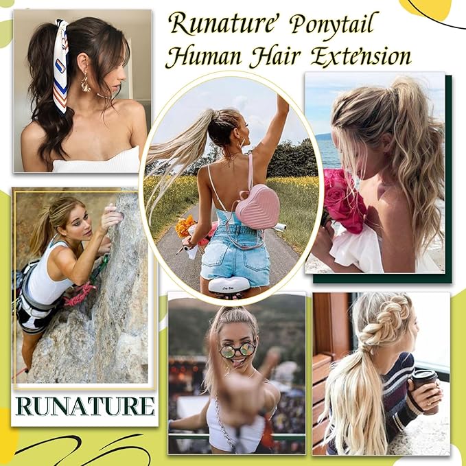 RUNATURE Human Hair Ponytail Extension Black, Real Hair Ponytail Extension With Magic Paste, Remy Natural Ponytail Hair Extensions, Straight Hair Add Volume, 18 Inch 80g #1B Off Black