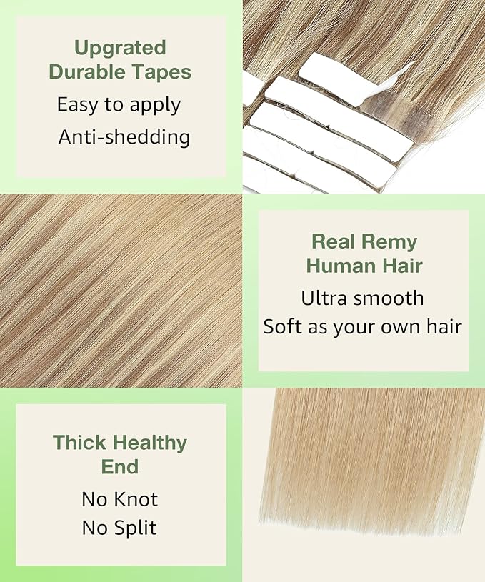 SURNEL Tape in Hair Extensions Human Hair 14 inch Golden Brown Highlighted Fading to Golden Blonde Tape in Hair Extensions 20pcs 50g(#10/16/16-14)