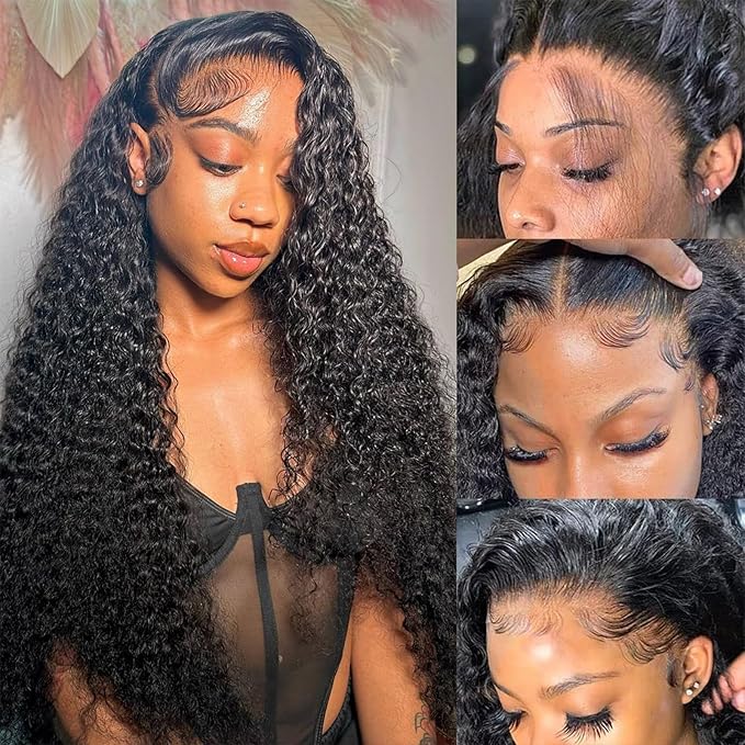34 Inch Deep Wave Lace Front Wigs Human Hair Pre Plucked 200% Density 13x6 HD Lace Frontal Wigs with Baby Hair Deep Curly Wet and Wavy Glueless Wigs for Women (Natural Black, 34 Inch)