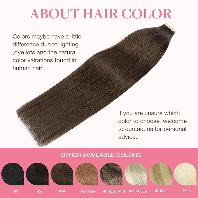 GOO GOO Tape in Hair Extensions Human Hair, 4A Chocolate Brown, 10inch 60g 40pcs, Skin Weft Seamless Invisible, Silky Straight with Thick Ends, Remy Human Hair