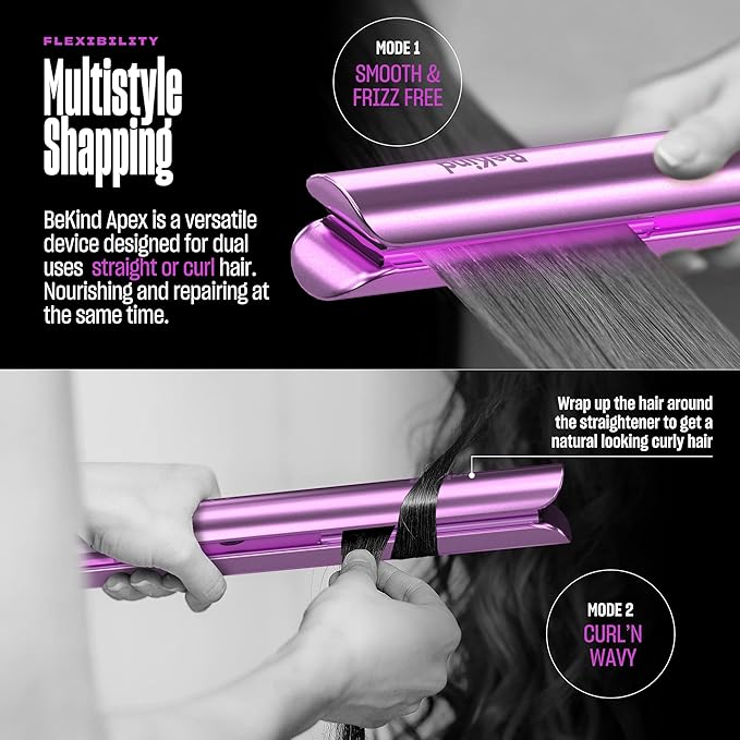 Bekind Apex 2-in-1 Hair Straightener Flat Iron | 1“ 460°F Straightener & Curler for All Hairstyles | UltraSmooth Tech | 15s Fast Heating & Temp Memory | Gift Set for Girls Women (Violet Bloom)