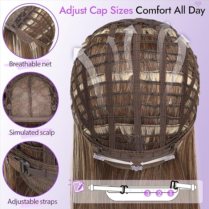 Wig with Bangs for Women Medium Brown Straight Face-Framing Layers Hairstyle 4x4 Realistic Scalp Glueless Synthetic Wigs Medium Length for Everyday Use