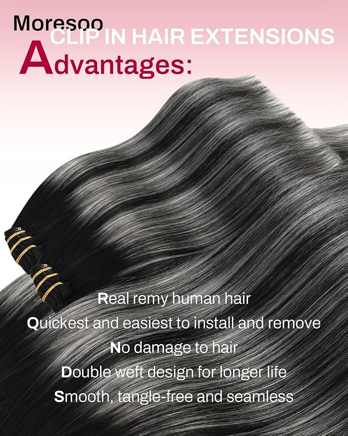 Moresoo Clip in Hair Extensions Human Hair Black to Silver Double Weft Hair Clip Extensions for Women Ombre Black with Silver 22inch 150Grams 7pcs