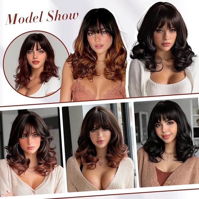 Wig with Bangs for Women | 16 Inch Layered Body Wave Synthetic Wig | Heat Resistant Yaki Fiber Natural Looking Shoulder Length Wigs | Synthetic Wig for Daily Wear - Ombre Black to Burgundy