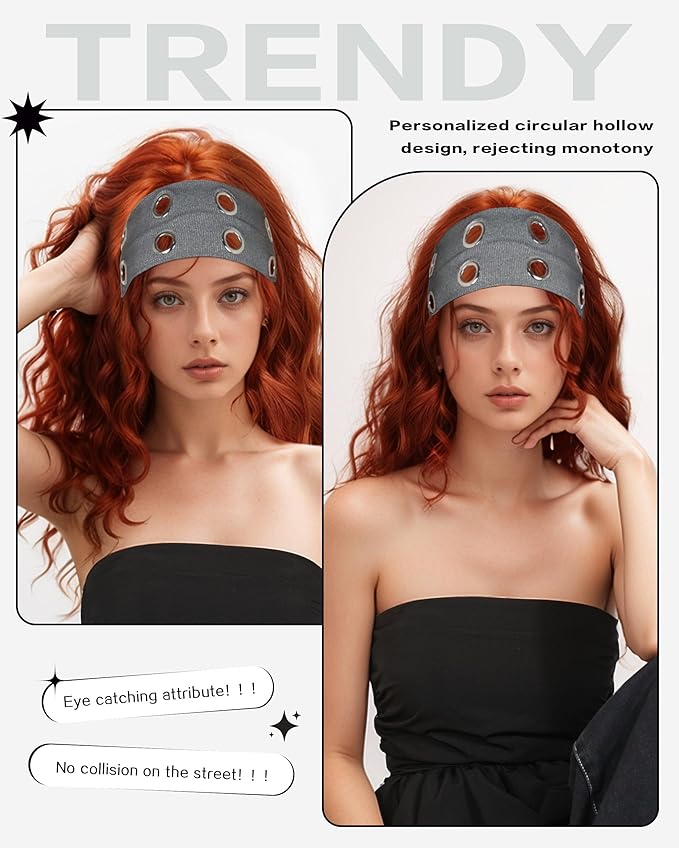 Grommet Headband for Women, Dark Gray 23cm Hollow Out Elastic Hair Band, Eyelets Punk Grunge Stylish Hairband