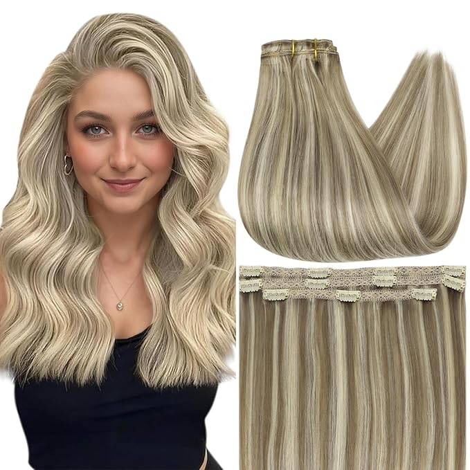 Full Shine Real Hair Extensions Clip in Human Hair Double Weft Blonde Human Hair Extensions Brown with Blonde Highlights Clip in Human Hair Remy Straight Hair 14 Inch 3 PCS 60 Grams