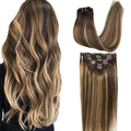 GOO GOO Clip in Hair Extensions Real Human Hair, Remy Human Hair Extensions Clip ins for Women, Natural Human Hair, 24inch 120g 7Pcs, 4/27/4 Balayage Chocolate Brown to Caramel Blonde
