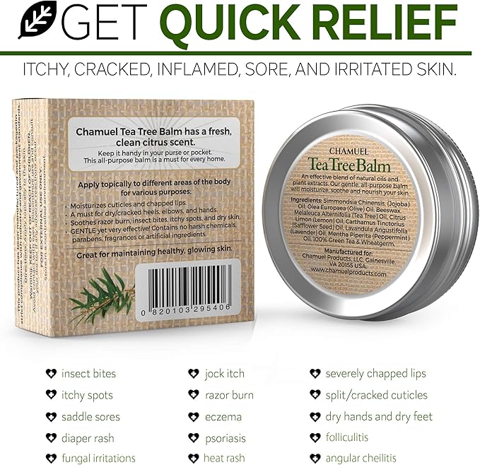 Chamuel Tea Tree Oil Balm – All Natural | Great Cream for Soothing Eczema, Cracked Foot, Rashes, Jock Itch, Bug Bites, Folliculitis, Acne, Itchy Skin, Psoriasis - Women & Men, 2.11 Ounce (Pack of 3)