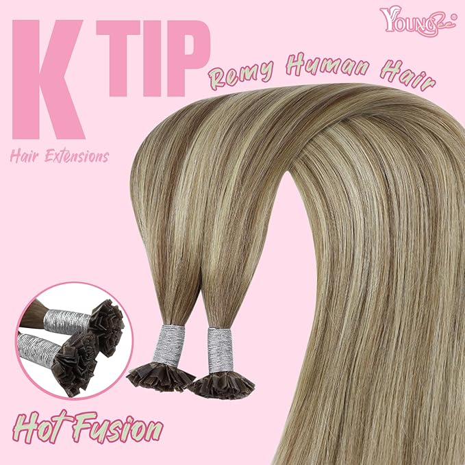 YoungSee K Tips Balayage Hair Extensions Hot fusion Pre Bonded Ktip Hair Extensions Human Hair Ombre Brown and Blonde 18In 1G/S 50G