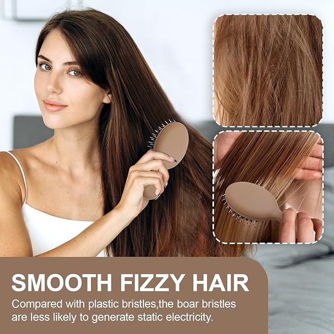 Mini Boar Bristles Hair Bursh, Travel Size Hair Brush for Women Men Kids, Protable Small Hair Brushes for Pockets Purses, Mini Hair Brush for Smooth Add Shine (1 Pack-Mocha)