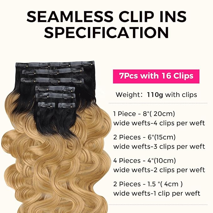 Lashey Body Wave Clip in Hair Extensions Real Human Hair 110g 7pcs 16 Inch Ombre Natural Black to Honey Blonde Seamless Clip in Hair Extensions Human Hair with PU Soft Invisi Edge
