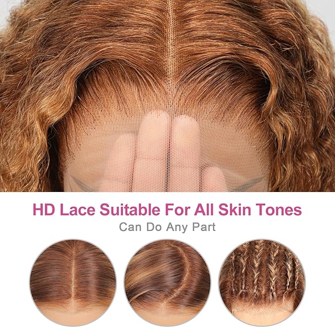 210% Density 13x6 Highlight Ombre Full Lace Frontal Wigs Human Hair 12A Deep Wave Brazilian Human Hair Pre Plucked 4/27 Honey Blonde HD Glueless Transparent Lace 28 Inch