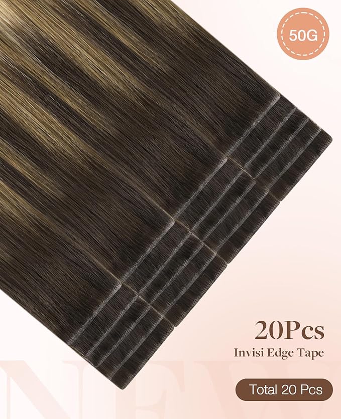 GOO GOO Invisi Edge Tape in Hair Extensions Human Hair, 2/6/18 Balayage Brown to Dirty Blonde, 20pcs 24inch 50g, Virgin Remy Hair, Seamless Injected Tape, Natural Look