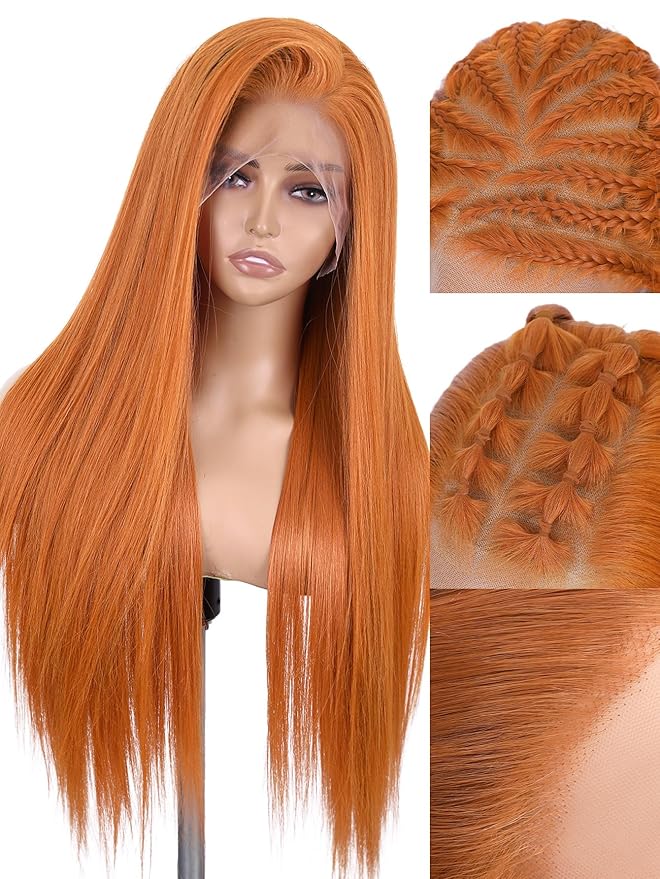 WIGNEE 13x6 Synthetic Lace Front Wig Pre-Plucked Synthetic Glueless Straight Wig 28" Voluminous Ginger Lace Front Wigs with Kanekalon Futura Hair