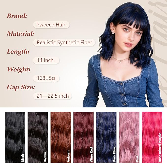 Dark Blue Bob Wig With Bangs Wave Wigs for Women 14 Inch Short Loose Wavy Heat Resistant Synthetic Wig Shoulder Length Hair for Daily and Cospaly Party Use
