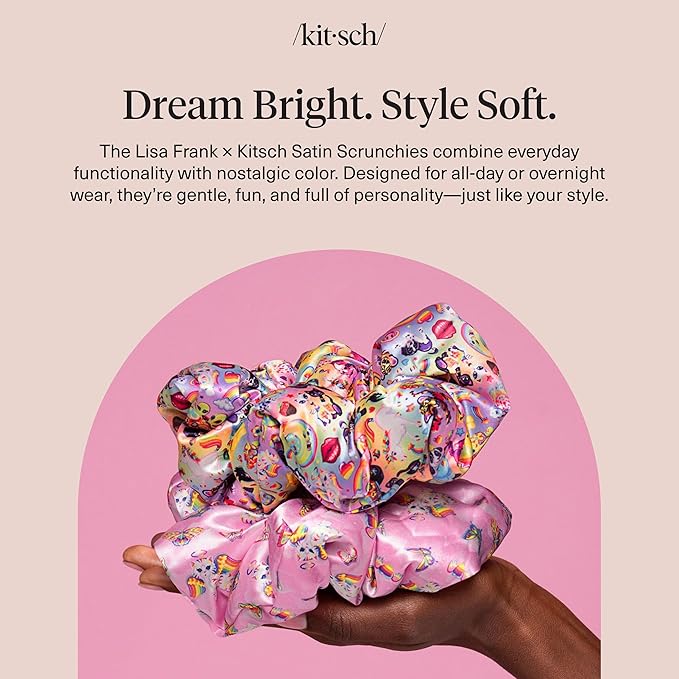 Lisa Frank x Kitsch Pillow Satin Scrunchies for Women - Hair Ties No Damage, No Crease Hair Accessories | for Day or Night Use | Ideal Gifts for Women - 2pcs