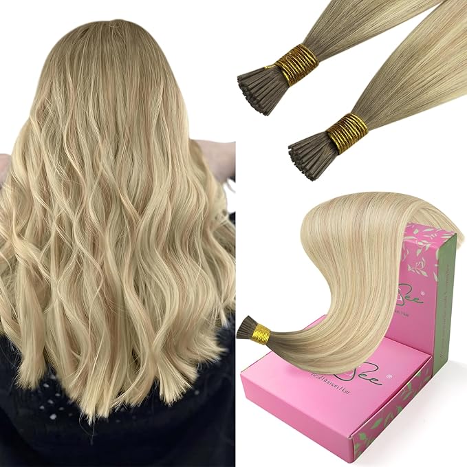 YoungSee I Tips Hair Extensions Ombre 14 Inch I Tip Extensions Ash Blonde Ombre Platinum Blonde Balayage Itip Hair Extension Real Human Hair 80s 50g Fusion Hair Extension for Short Hair