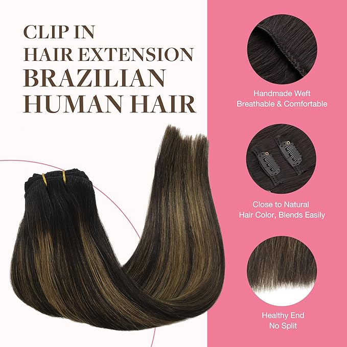 GOO GOO Clip in Hair Extensions Real Human Hair, Remy Human Hair Extensions Clip ins for Women, Natural Human Hair, 24inch 150g 9Pcs, #1B/6/1B Balayage Natural Black to Chestnut Brown