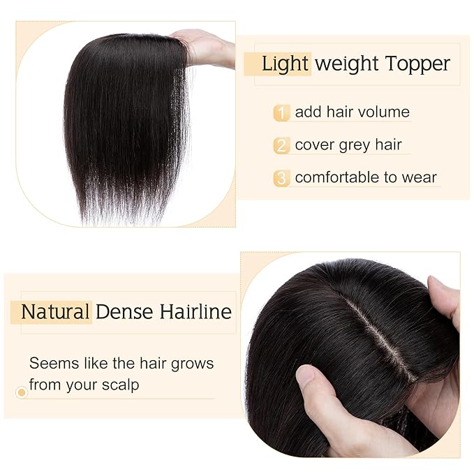 SEGO Human Hair Toppers for Women With Thinning Hair, 7 * 13CM Silk Base 100% Real Human Hair Clip in Top Wiglet Hairpieces /10 Inch No Bangs Natural Black