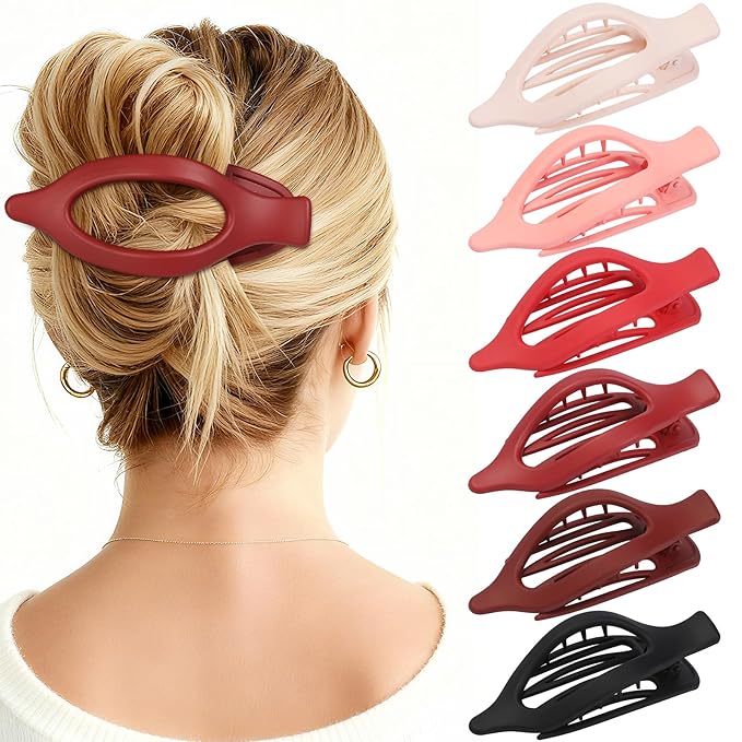 Flat Hair Clips for Women - 6 PCS French Flat Claw Clips Medium Hair Clips for Girls Large Hair Claw Clips for Thick or Thin Hair Strong Hold No Slip Hair Accessories for women (Red)