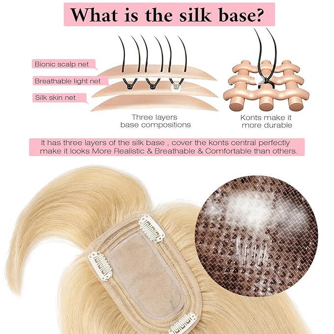 SEGO 100% Real Human Hair Toppers, with Air Bangs, Silk Base 150% Density, Clip in Topper, 2.7”x5.1”, HairPieces for Women, with Thinning/Hair Loss Cover Gray