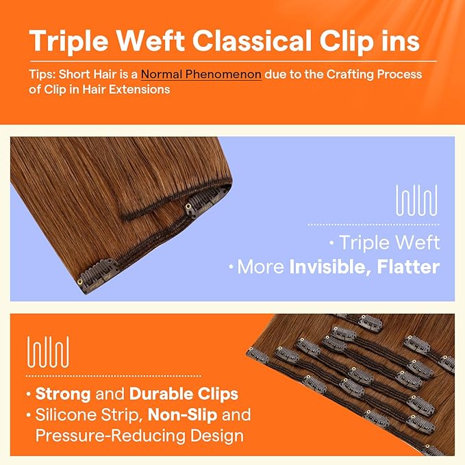 Full Shine Auburn Brown Clip in Hair Extensions Auburn Hair Extensions Clip ins for Straight Hair for White Women Triple Weft 16 Inch 7 Pcs 120 G