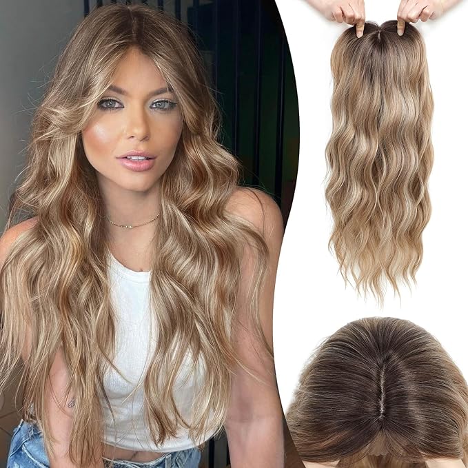 MORICHY Hair Toppers for Women with Thinning Hair 20inch Long Wavy Hair pieces for Women Synthetic Wiglets Topper with Bangs Clip in Light brown with Blonde Highlights