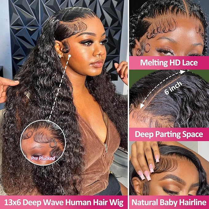 Deep Wave 13x6 HD Lace Front Wigs Human Hair 200 Density Curly Wig Wet and Wavy Lace Front Wigs for Women Human Hair Wig Pre Plucked with Baby Hair Natural Color (22 Inch)