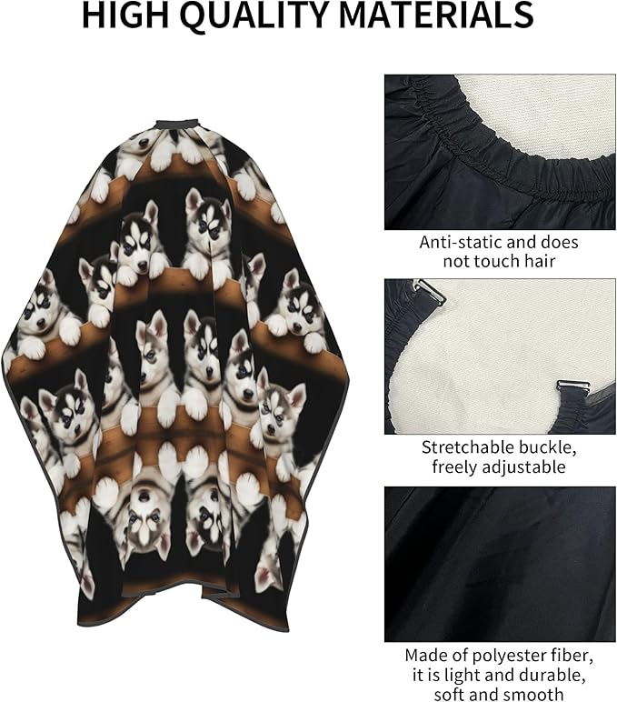 Large Long Hair Cutting Cape, Salon Apron Cute Siberian Husky Puppy Art Haircuting Salon Cape Gown for Hair Cutting Styling