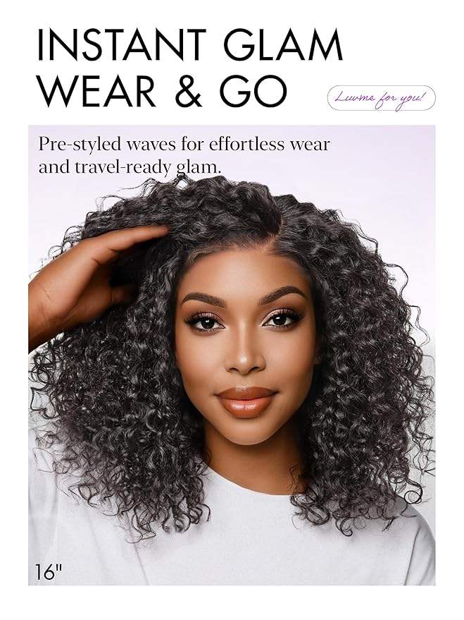 LUVME HAIR Curly Deep Wave Glueless Lace 100% Human Hair Short Wigs 14 Inches Pre Cut Plucked Hd Lace Wig Ready To Go Natural Color Bleached Knots Side Part Black Wigs 14 Inches