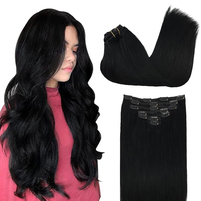 GOO GOO Clip in Hair Extensions Real Human Hair, Remy Human Hair Extensions Clip ins for Women, Natural Human Hair, 16inch 120g 7Pcs, 1 Jet black