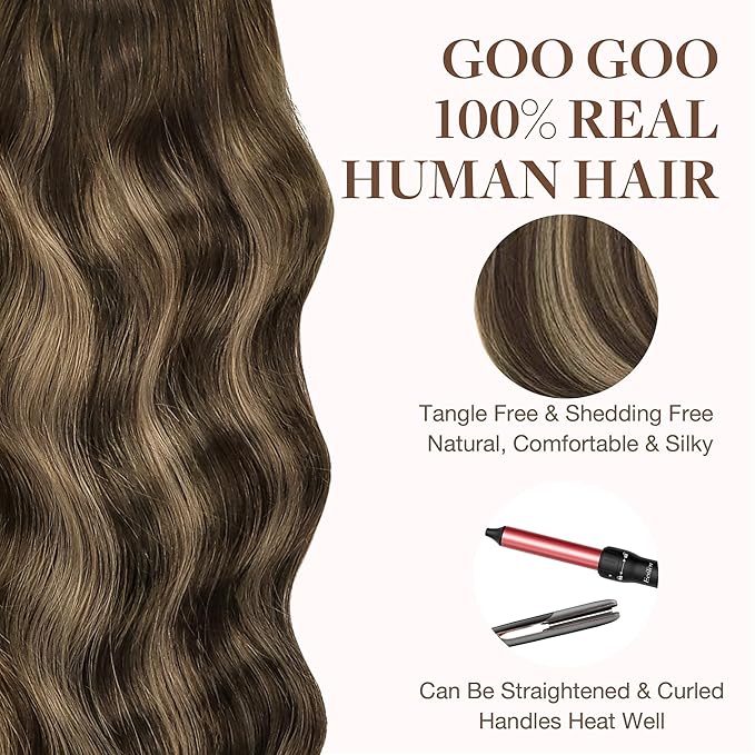 GOO GOO Tape in Hair Extensions Human Hair, 4/27/4 Balayage Chocolate Brown to Caramel Blonde, 20inch 30g 10pcs, Skin Weft Seamless Invisible, Silky Straight with Thick Ends, Remy Human Hair