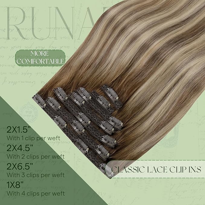 RUNATURE Clip in Hair Extensions Real Human Hair, Balayage Human Hair Clip in Extensions for Women, Thick Natural Remy Hair, Straight 14 Inch 120g 7pcs #3/8/22 Brown Root to Blonde