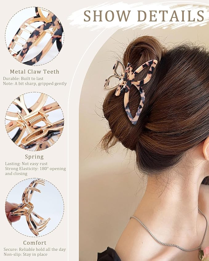 ACECHA 2 Pack Gold Metal Bow Hair Claw Clips for Women, Large Non-slip Butterfly Hairclips for Thin Thick Hair Claws Strong Hold Styling (Leopard)