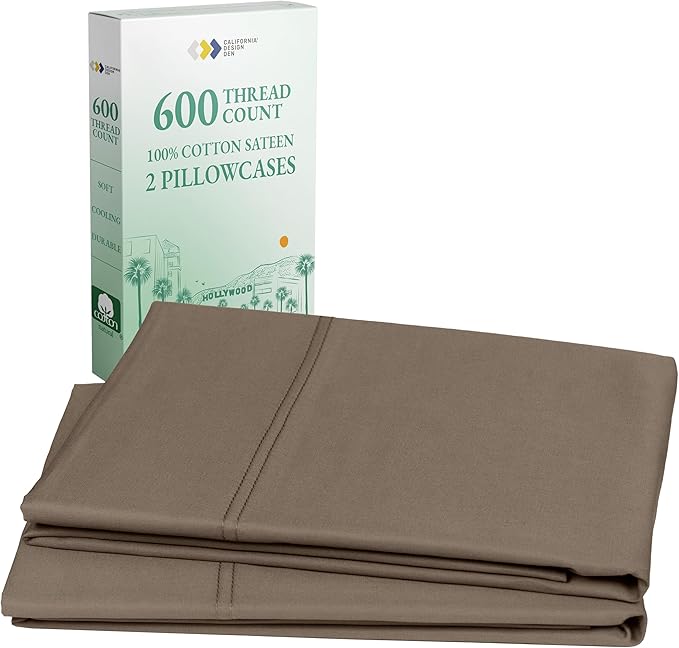 California Design Den Luxuriously Soft Premium 600 Thread Count, 100% Cotton King Size Pillowcases Set of 2, Crisp Fits King Size Pillows (Mushroom - Taupe Brown)