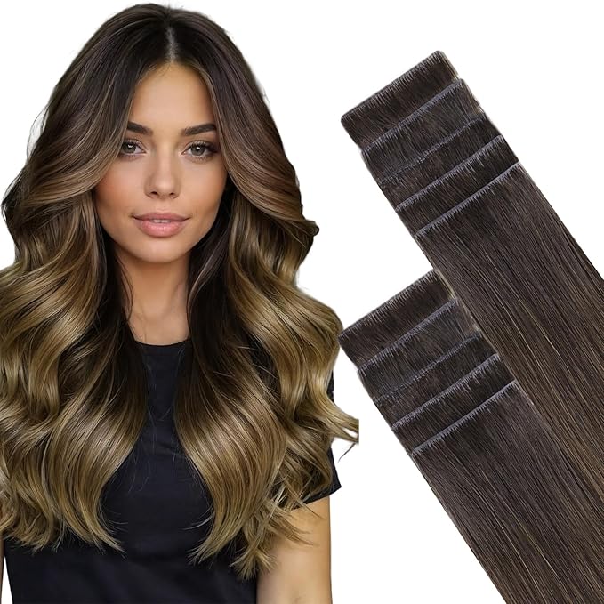 GOO GOO Invisi Edge Tape in Hair Extensions Human Hair, 1D/2C/4E Chocolate Dip Color Melt, 10pcs 20inch 30g, Virgin Remy Hair, Seamless Injected Tape, Natural Look