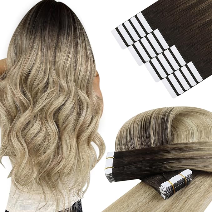 YoungSee Ombre Human Hair Tape in Extensions 24inch Invisible Tape in Hair Extensions Human Hair Balayage Dark Brown with Blonde Hair Extension Tape-in Real Hair for Long Straigt Hair 20pcs 50g