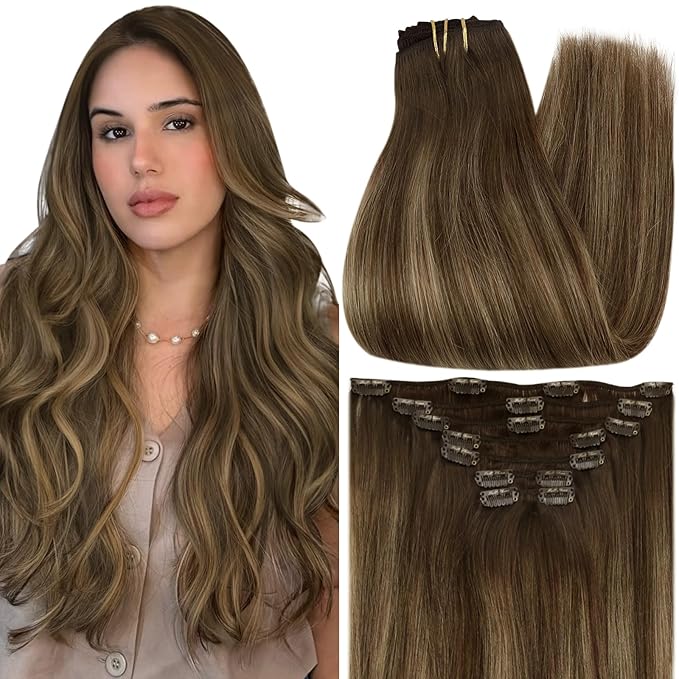 Full Shine Hair Extensions Clip ins Balayage Medium Brown to Honey Blonde Clip on Hair Extensions for Wedding for Women 22 Inch 7 Pcs 120 G