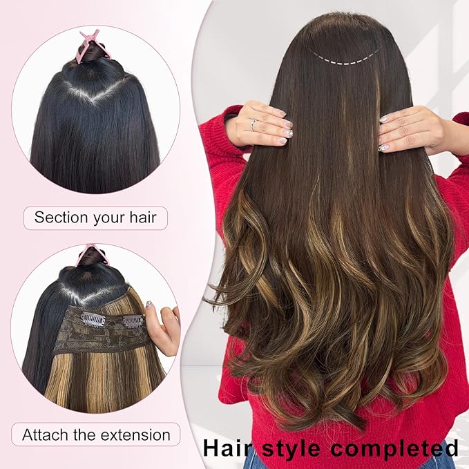 ALXNAN Clip in Hair Extensions,Balayage Dark Brown to Chestnut Long Wavy Hair Extensions Soft Synthetic Thick Hairpieces for Women 20 Inch
